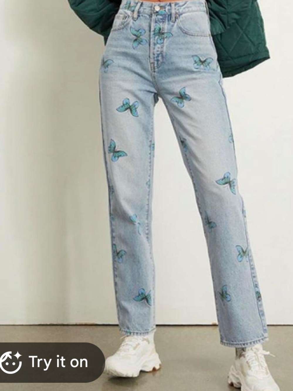 PacSun Light Blue Straight-Leg Jeans with Teal Butterfly Embroidery